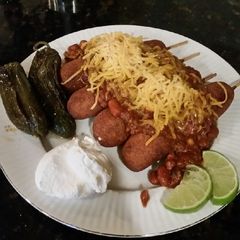 A picture of Brad's hand dipped, chili cheese corndogs.