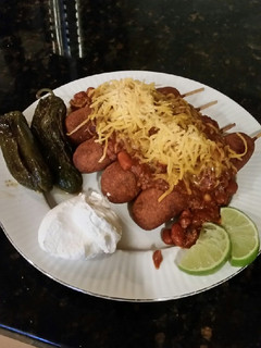 A picture of Brad's hand dipped, chili cheese corndogs.