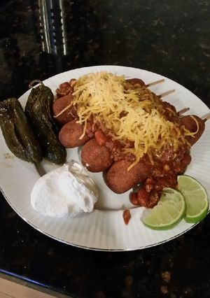A picture of Brad's hand dipped, chili cheese corndogs.