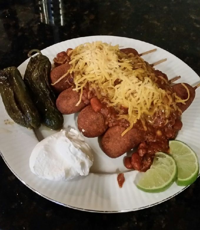 A picture of Brad's hand dipped, chili cheese corndogs.