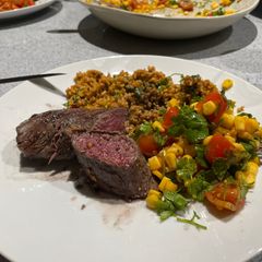 A picture of Chilli Fillet, with corn salsa and bulgar wheat.