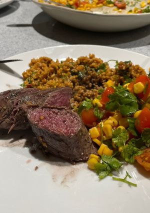 A picture of Chilli Fillet, with corn salsa and bulgar wheat.
