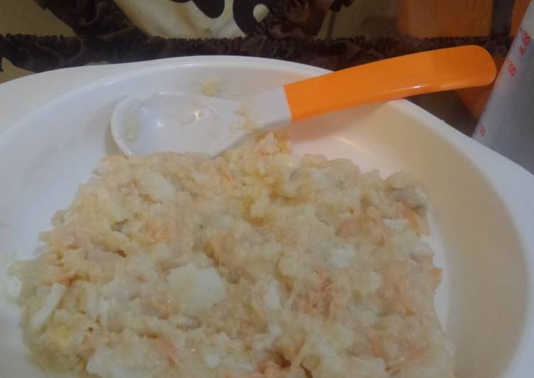 Mpasi 7 bulan Bubur Tim Salpuh(salmon-puyuh)