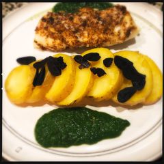 A picture of Mustard-Glazed Black Cod with Fingerlings and Chive Puree.