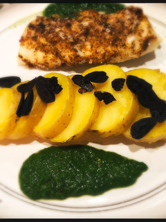 A picture of Mustard-Glazed Black Cod with Fingerlings and Chive Puree.