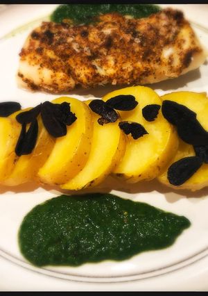 A picture of Mustard-Glazed Black Cod with Fingerlings and Chive Puree.