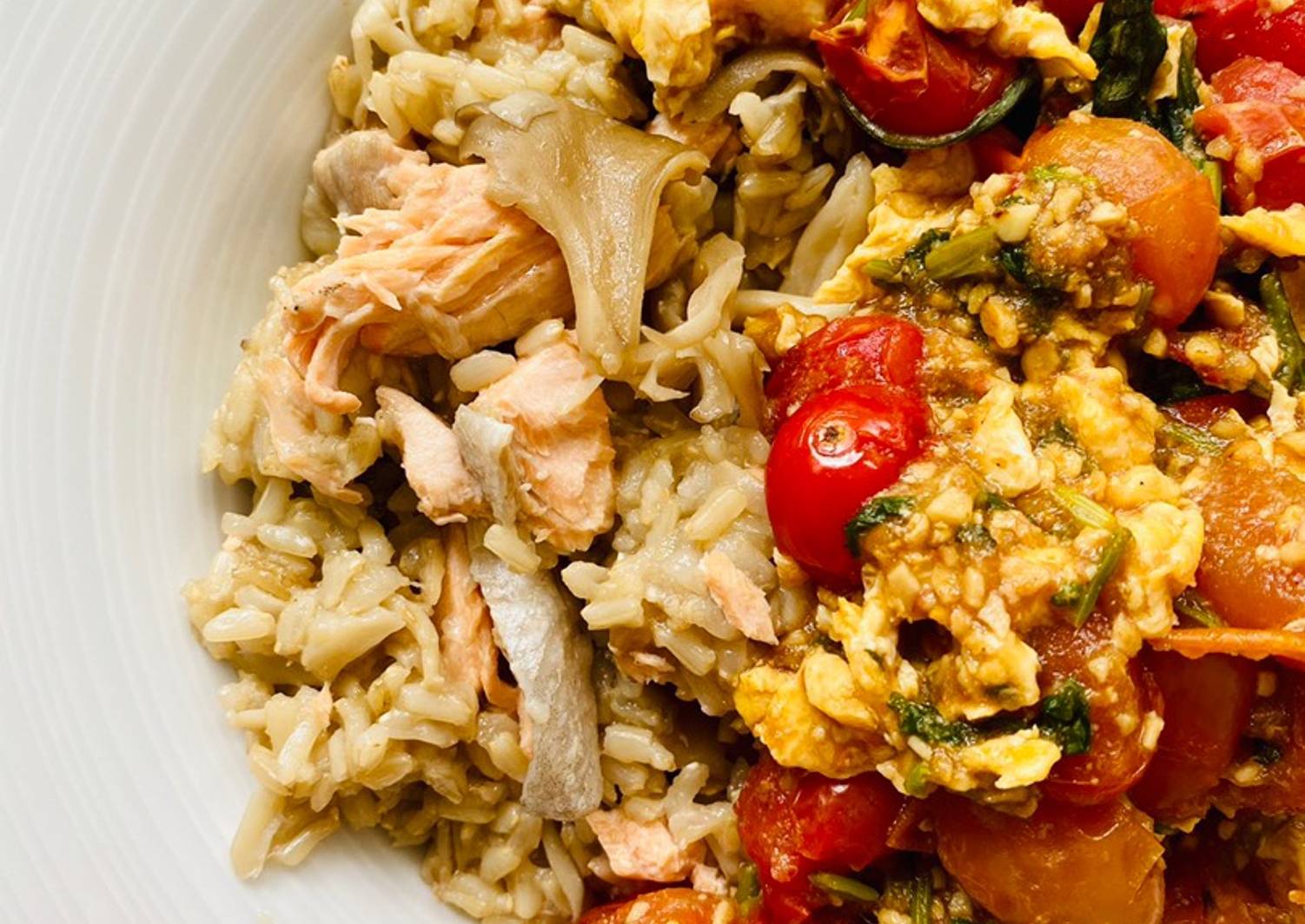 Mushroom Salmon Rice with Tomato Basil Eggs Recipe by Gem Cookpad