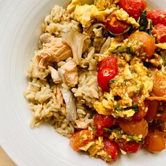 Mushroom Salmon Rice with Tomato Basil Eggs A picture of Mushroom Salmon Rice with Tomato Basil Eggs.