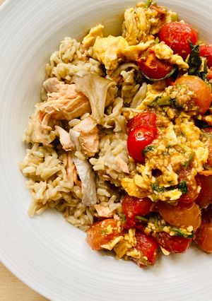 A picture of Mushroom Salmon Rice with Tomato Basil Eggs.