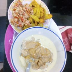 Fried sweet potato with pap and milk A picture of Fried sweet potato with pap and milk.