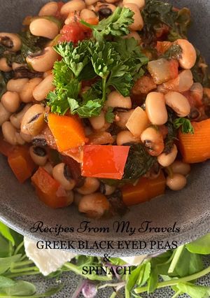 A picture of Greek black eyed peas and spinach.
