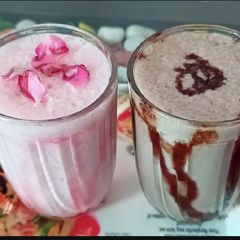 A picture of Rose Lassi and Chocolate lassi Delight.