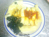 Fried yam, omelette and stir-fry leafy vegetables