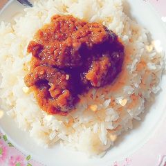 A picture of White rice and stew.
