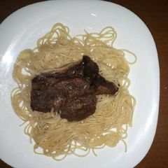 A picture of Spaghetti served with steak.