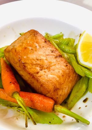A picture of Grilled Salmon with Lemon Butter Sauce and Sautéed Celery.