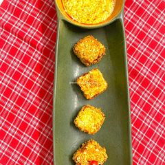 A picture of Achari Paneer with achari Yoghurt Dip.