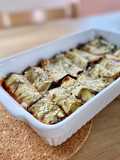 Canelones de berenjena rellenos de patata, bacon y queso