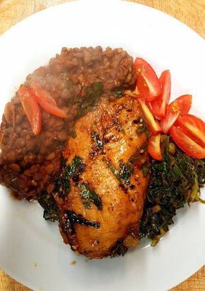 A picture of Lentils with chicken siding.