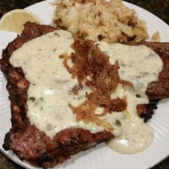 A picture of Brad's grilled t-bone w/ lemon dill bernaise sauce.