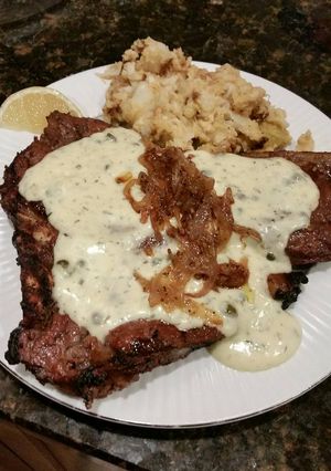 A picture of Brad's grilled t-bone w/ lemon dill bernaise sauce.