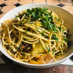 A picture of Spaghetti with Zucchini & Fried Lemon.