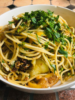 A picture of Spaghetti with Zucchini & Fried Lemon.