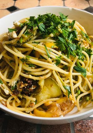 A picture of Spaghetti with Zucchini & Fried Lemon.
