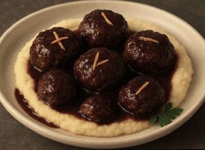 Una foto de Albóndigas de res en salsa de cacao oscuro y café con toque de naranja