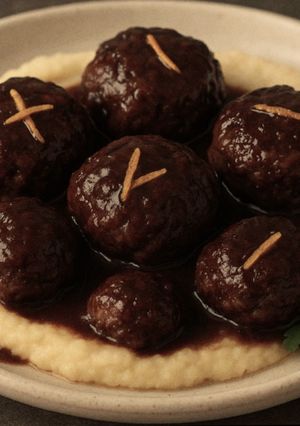 Una foto de Albóndigas de res en salsa de cacao oscuro y café con toque de naranja
