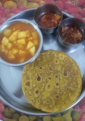 A picture of Gujarati Jeera Thepla & Potato Curry (Bateta nu Shak).