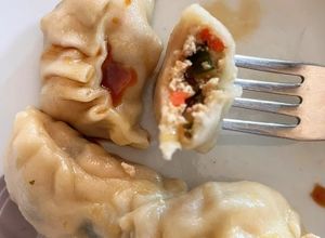 Foto di Gyoza ravioli cinesi con ripieno di pollo e zucchine