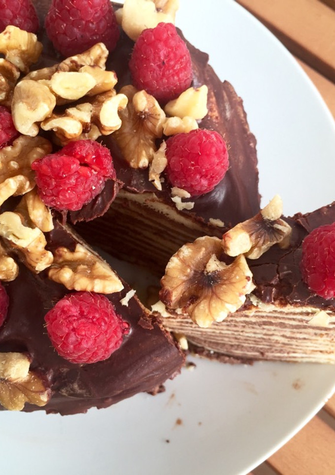 Una foto de Tarta de tortitas americanas y chocolate