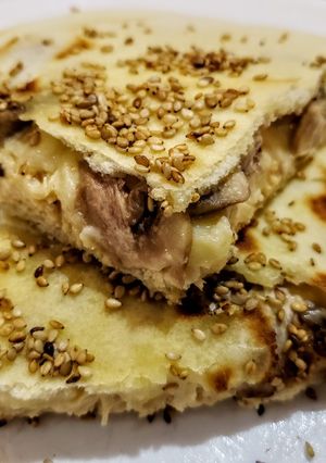 Una foto de PAN De PITA, 🌮relleno de Pollo al ajillo con Champignones...!🍄
