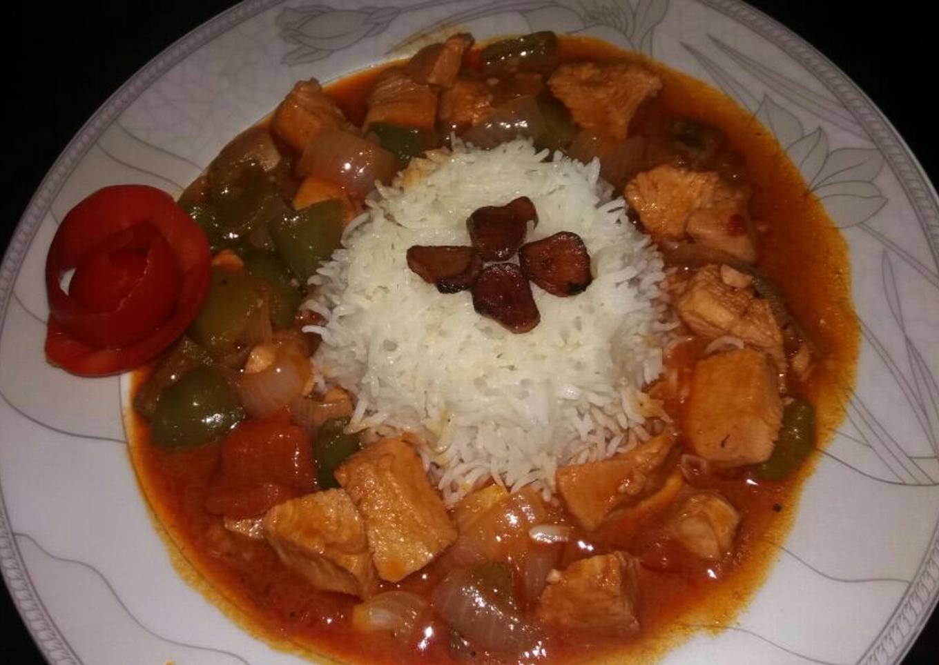 Garlic rice with chicken shashlik