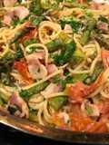 Easy Creamy Bacon, Asparagus, Tomato Pasta with Boursin (or Cream Cheese)
