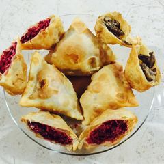 A picture of Beet and Coconut Samosas.