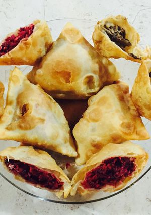 A picture of Beet and Coconut Samosas.