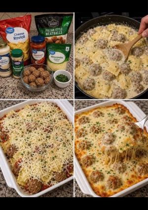 A picture of Cheesy Meatball Ravioli Alfredo Bake.