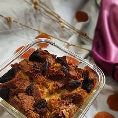 A picture of Coconut apricot bread pudding.