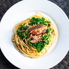 Aglio-olio Pasta with Kale and Oil Sardines A picture of Aglio-olio Pasta with Kale and Oil Sardines.