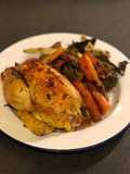Roast poussin balsamic roast carrot and broccoli
