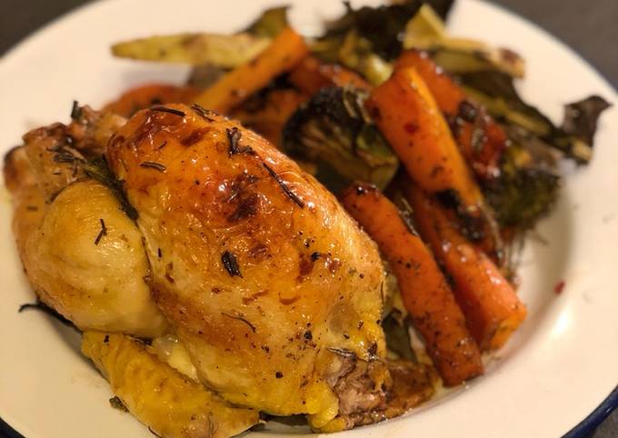 Roast poussin balsamic roast carrot and broccoli