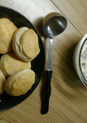 A picture of Biscuits sausage and gravy.