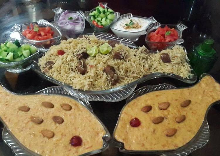 Recipe of Quick Beef pulao and gajrela with salad