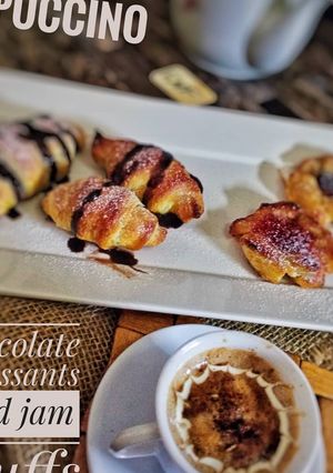 A picture of Chocolate croissants and jam puffs.