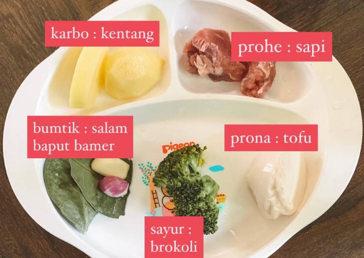 MPASI 6 BULAN - menu lengkap : daging sapi + tofu + brokoli + kentang