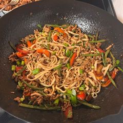 A picture of Stir Fry Noodles with Ground Pork and Vegetables.