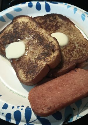 A picture of Brandy French Toast with Korean BBQ Spam.