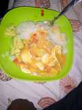 Cooked rice,potato-egg curry and avocado